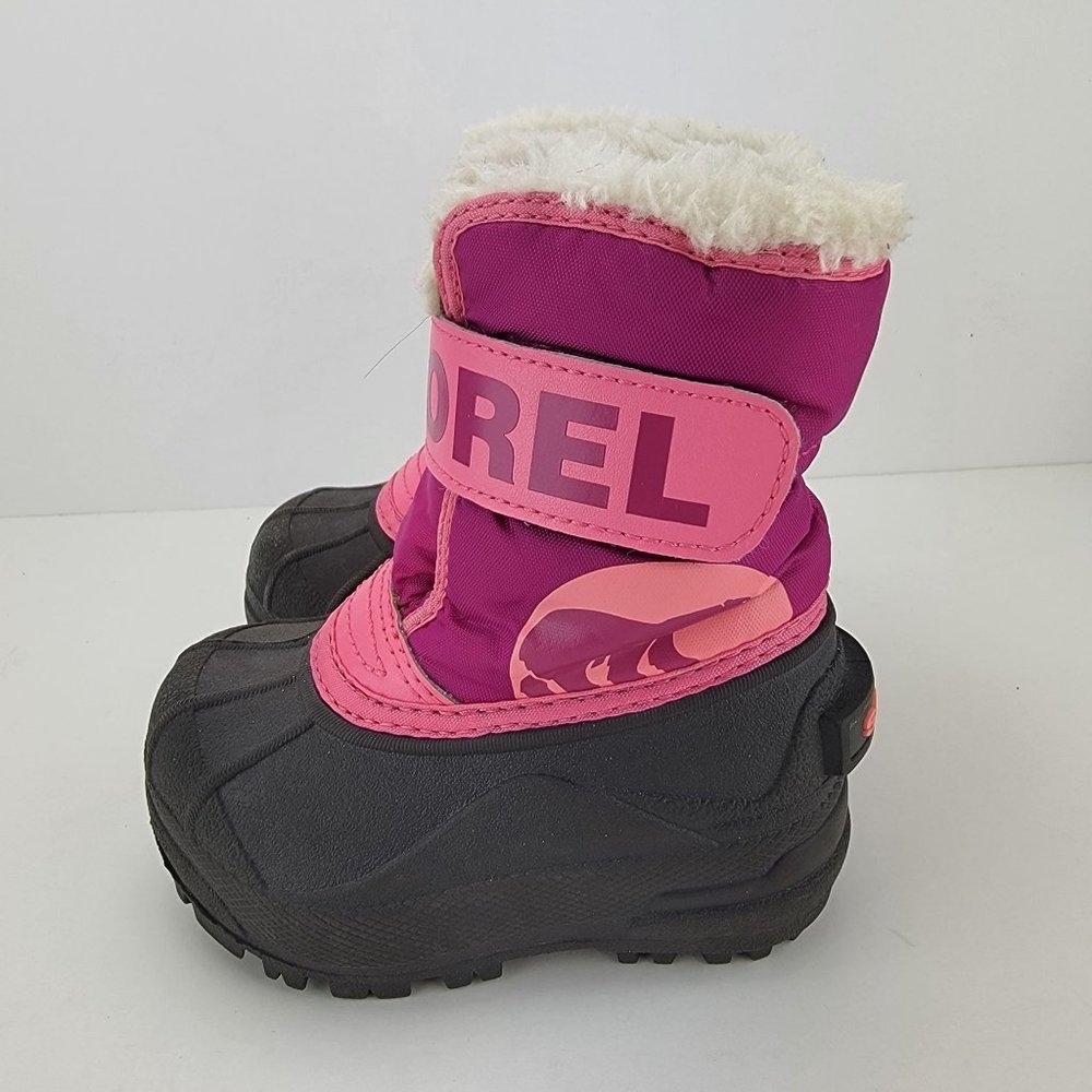 Sorel Girls Kids Size 6 Pink Black Commander Hook Loop Rubber Winter Boots NV187
